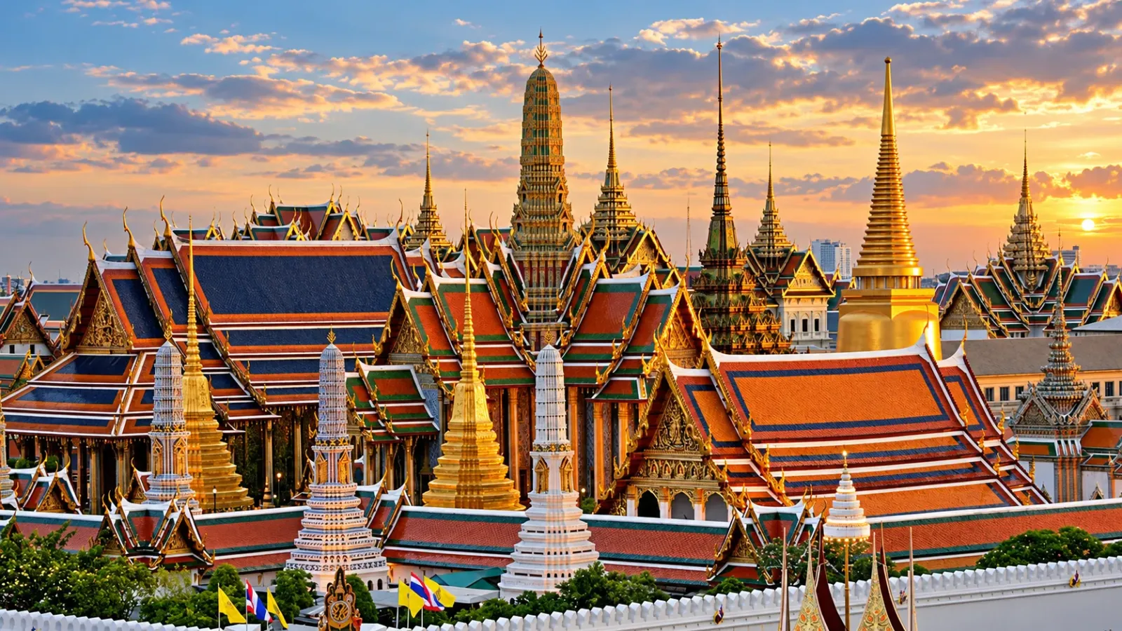 Kiến trúc cung điện Grand Palace với các mái tháp trang trí tinh xảo tại Bangkok Thái Lan