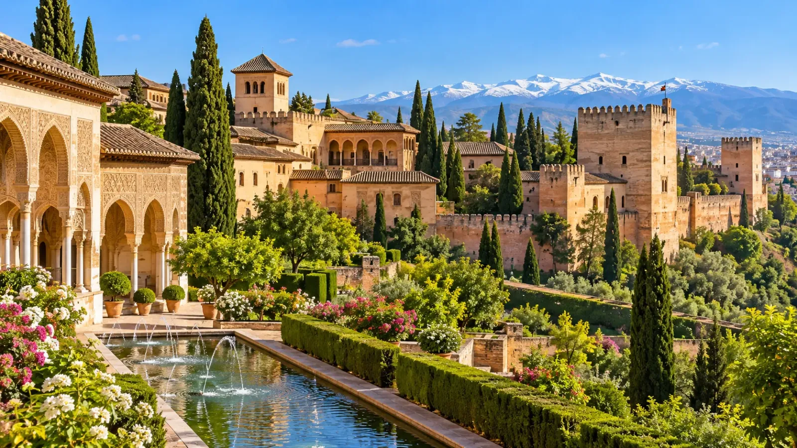Kiến trúc cung điện và sân vườn thuộc quần thể Alhambra tại Granada Tây Ban Nha