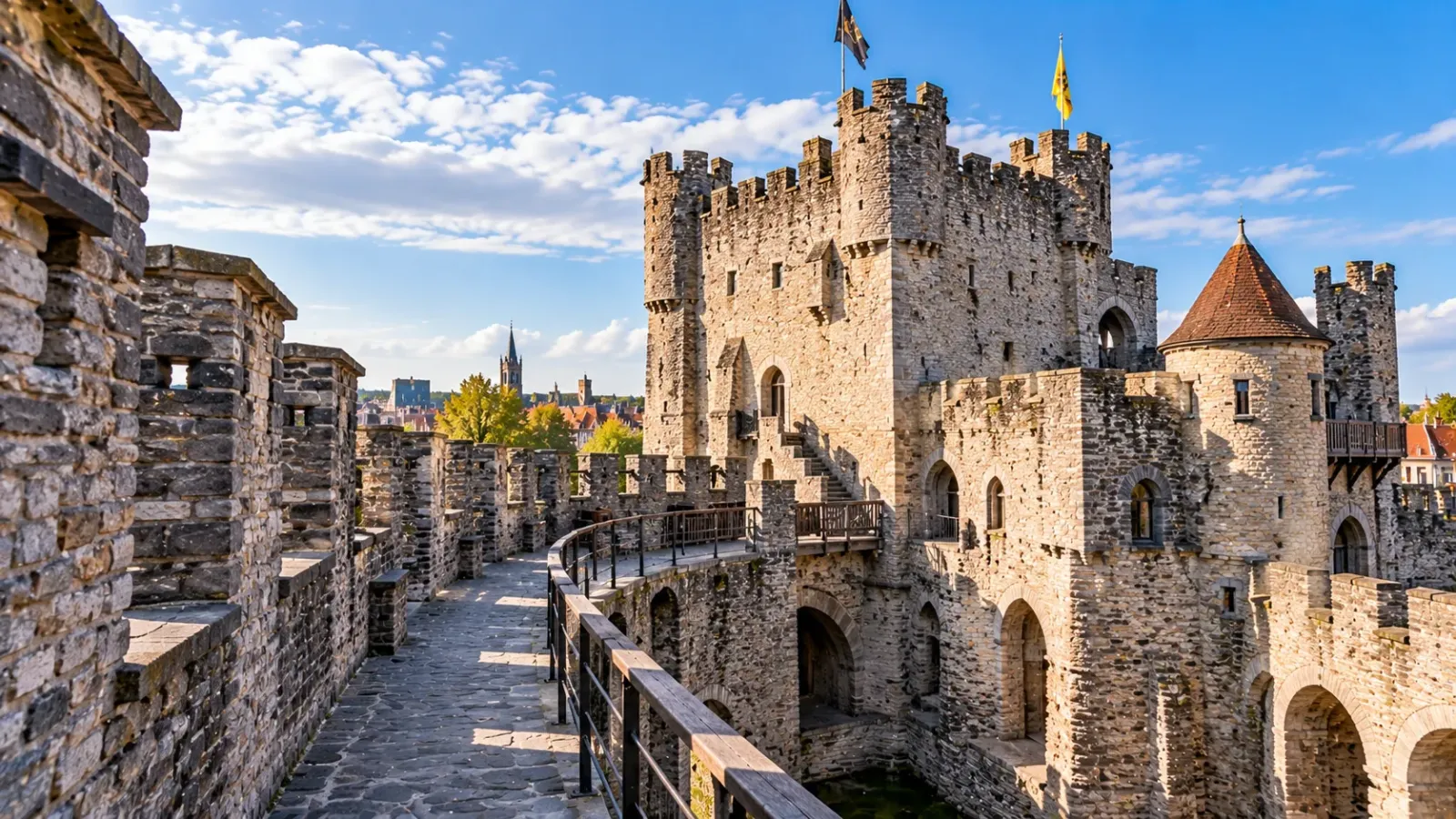 Kiến trúc thành đá và các bộ phận phòng thủ của lâu đài Gravensteen tại Ghent