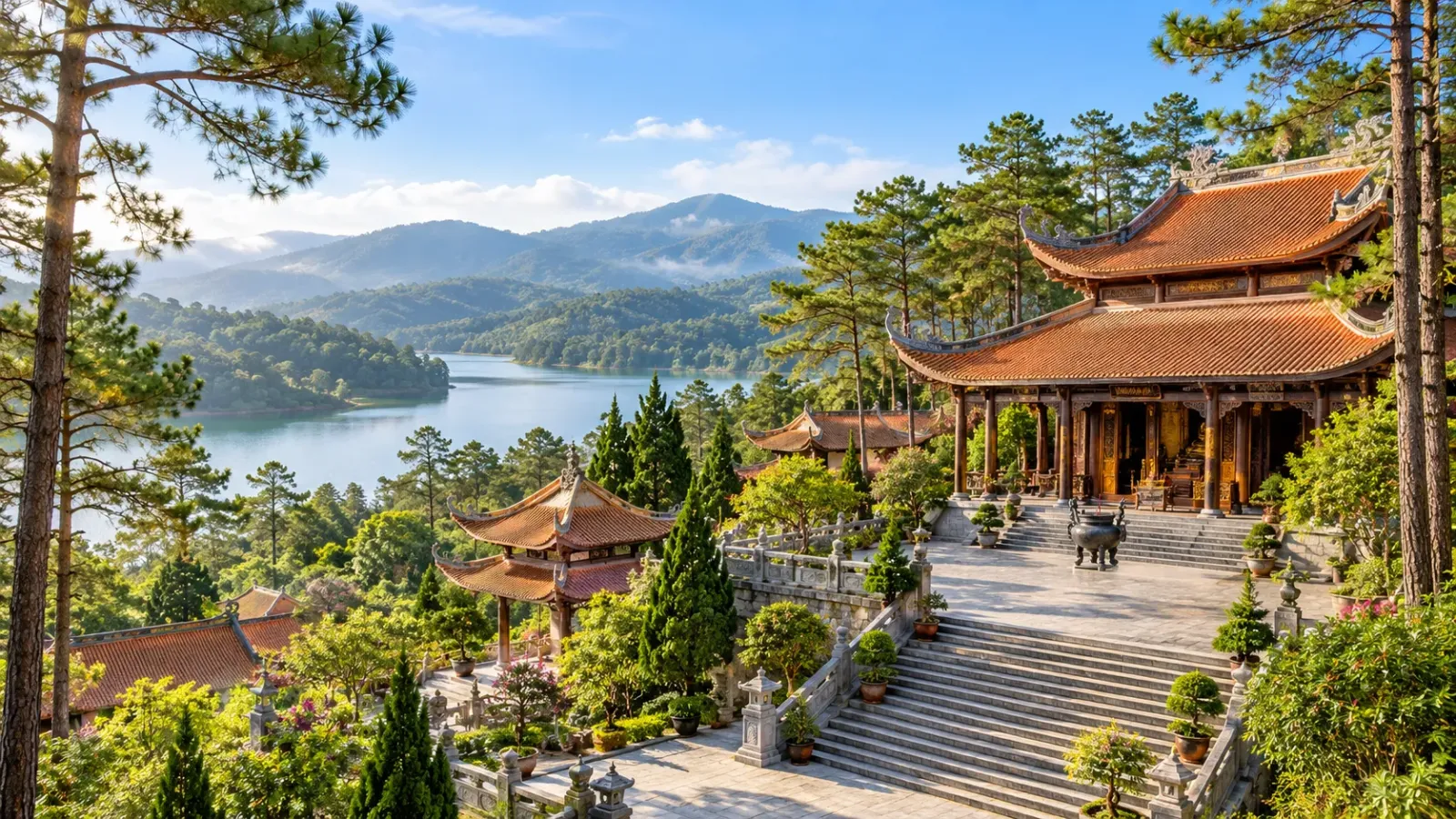Kiến trúc Thiền viện Trúc Lâm Đà Lạt giữa cảnh quan đồi thông gần hồ Tuyền Lâm