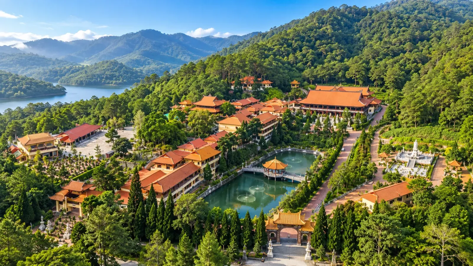 Kiến trúc Thiền viện Trúc Lâm Đà Lạt giữa không gian cây xanh và rừng thông