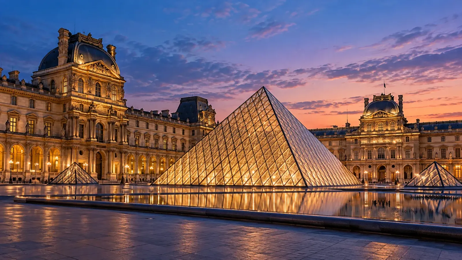 Kim tự tháp kính Louvre được chiếu sáng bên cạnh mặt tiền cung điện cổ tại Paris lúc chạng vạng.