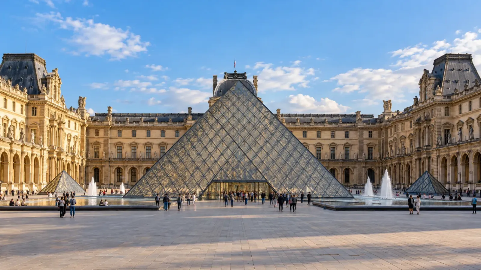 Kim tự tháp kính tại sân Napoléon của Bảo tàng Louvre ở Paris với các dãy nhà cung điện cổ bao quanh
