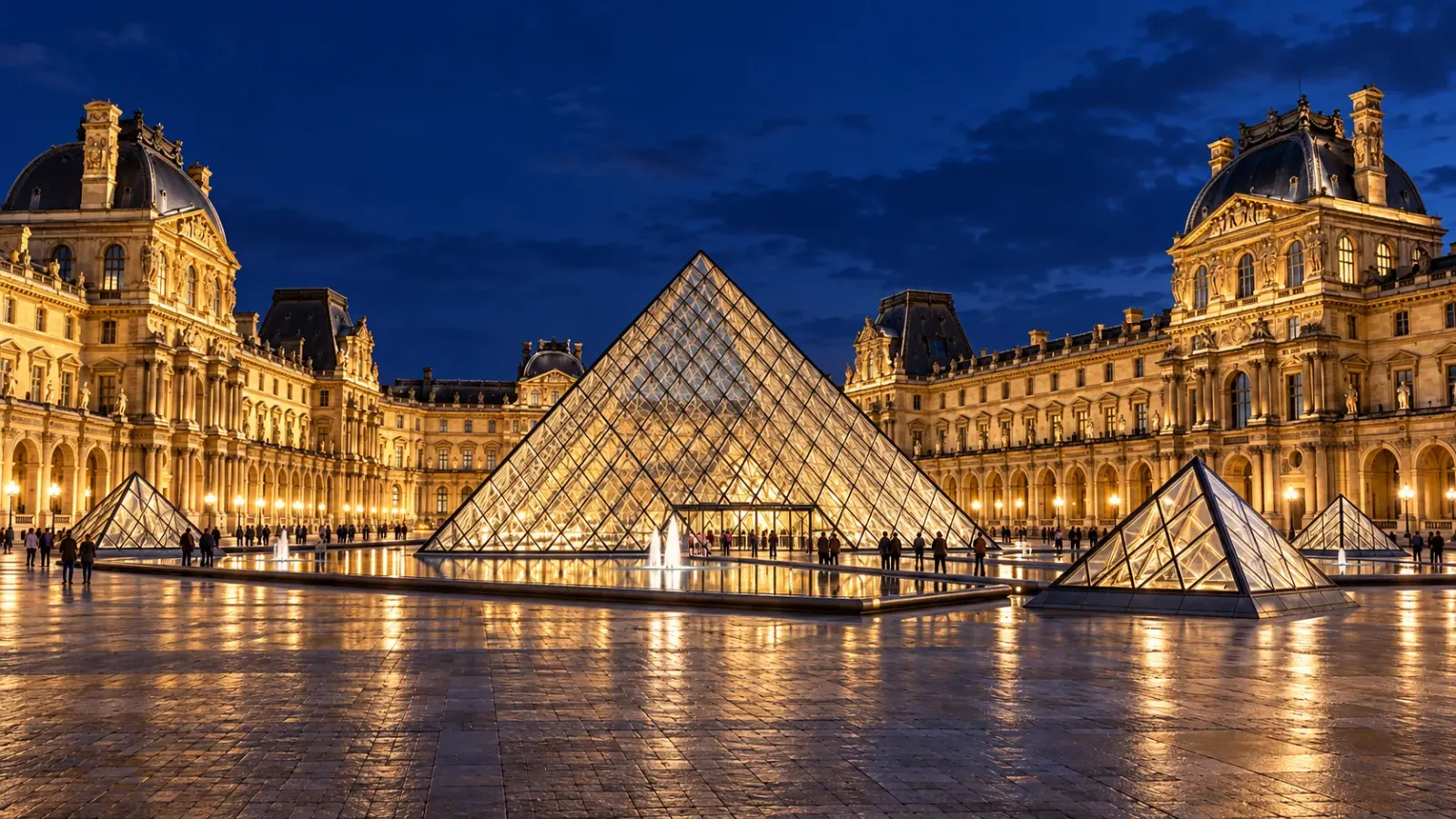 Kim tự tháp kính và các dãy nhà của cung điện Louvre được thắp sáng vào buổi tối tại Paris.