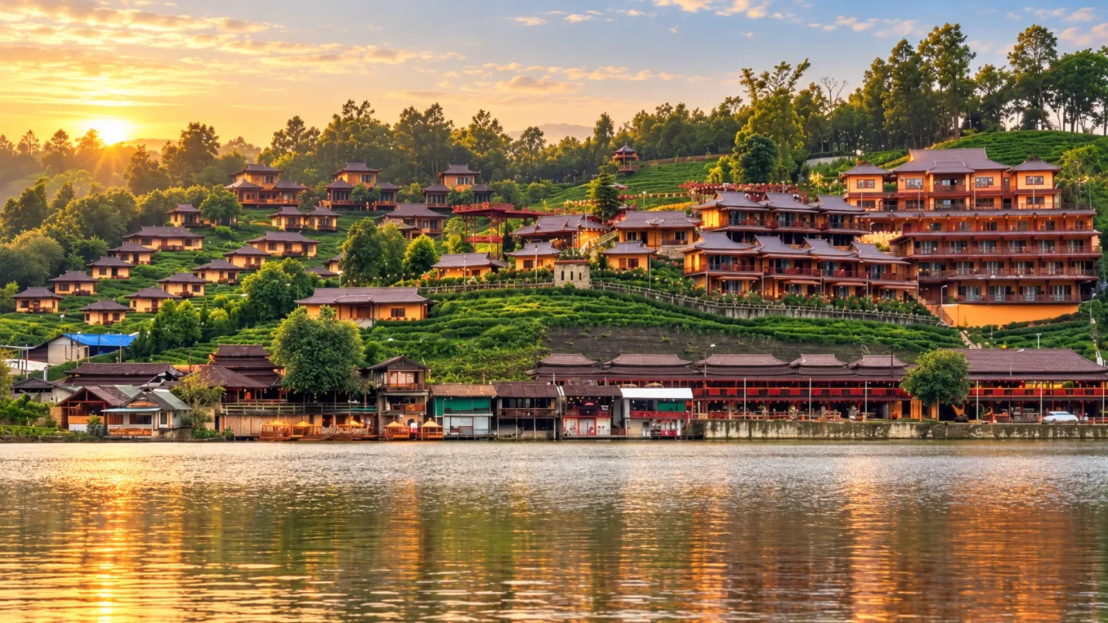 Làng Ban Rak Thai với hồ nước và những ngôi nhà bên sườn đồi tại Mae Hong Son