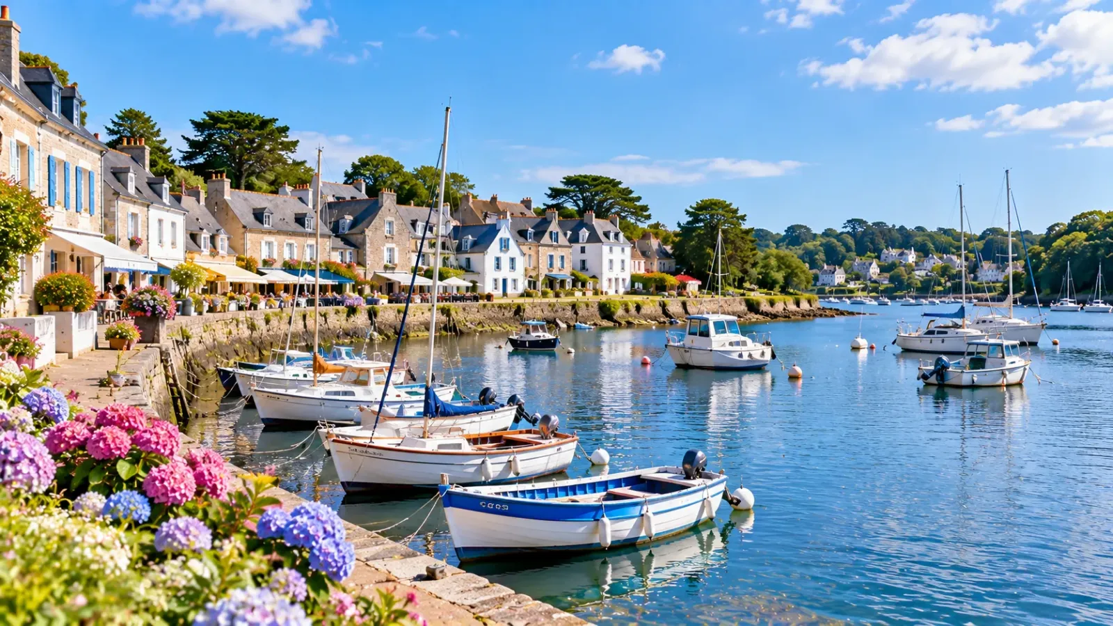 Làng cảng Sainte-Marine tại Combrit Brittany với thuyền neo đậu bên sông Odet