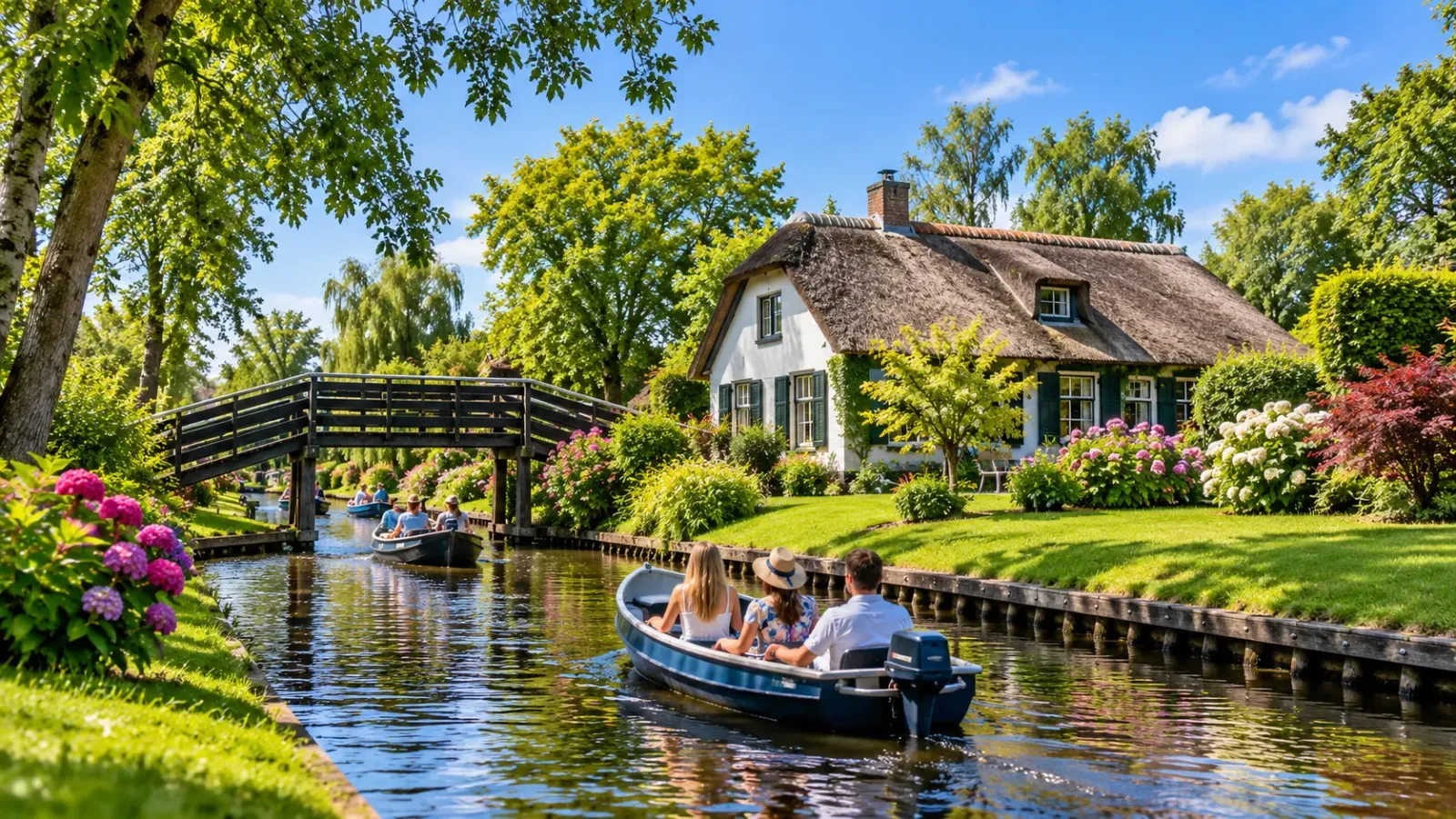 Làng cổ Giethoorn tại Hà Lan với kênh đào và những ngôi nhà mái tranh
