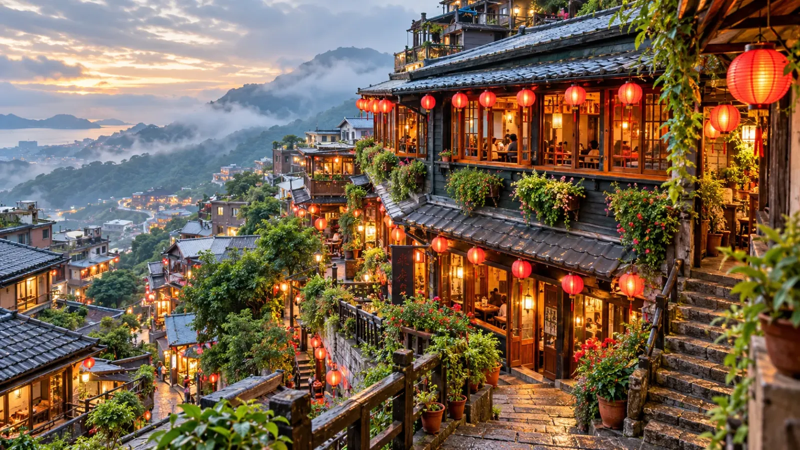 Làng cổ Jiufen với những ngôi nhà trên sườn núi và không gian phố cổ tại Tân Bắc Đài Loan