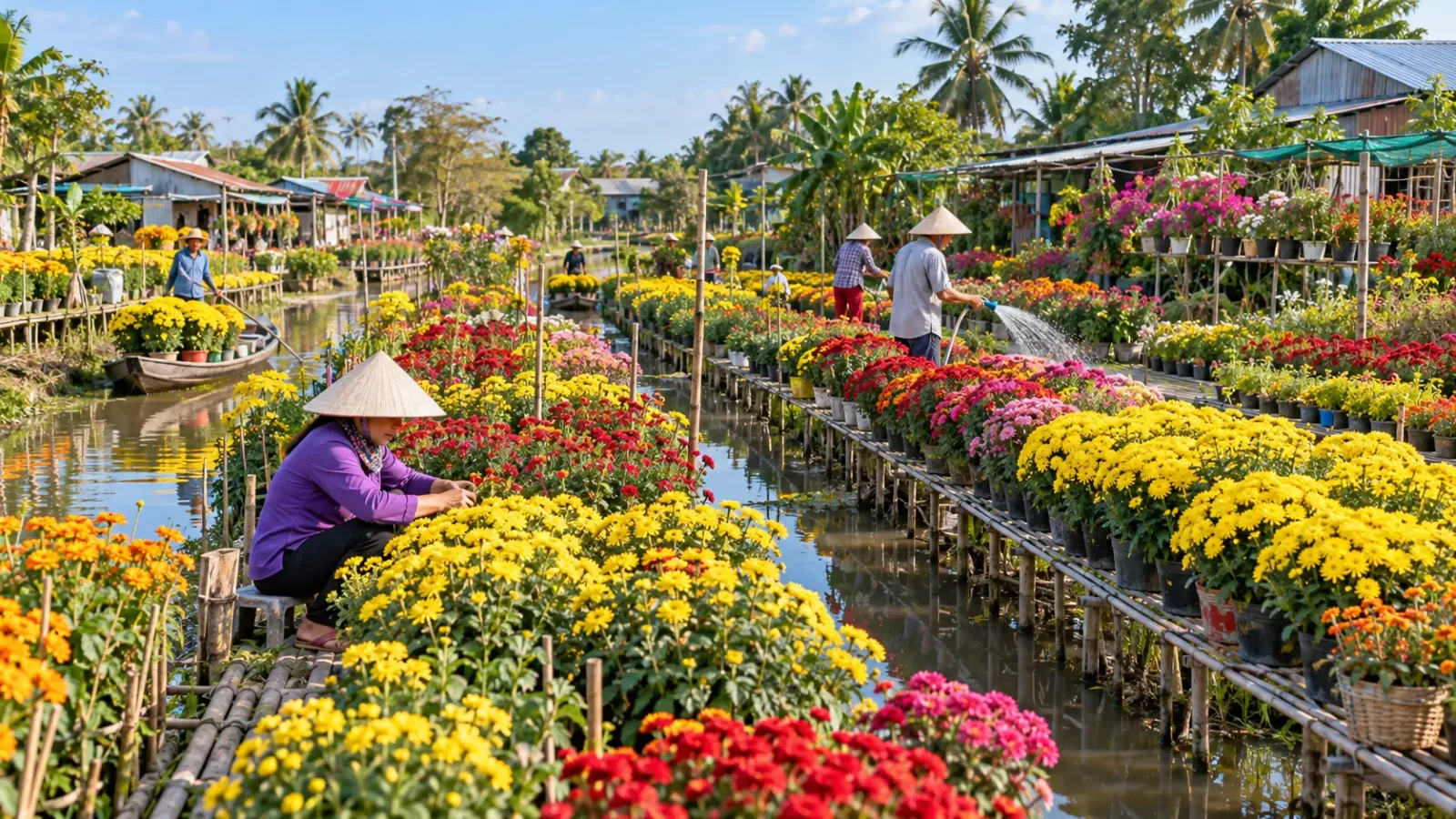 Làng hoa Sa Đéc với các luống hoa được chăm sóc vào giai đoạn giáp Tết