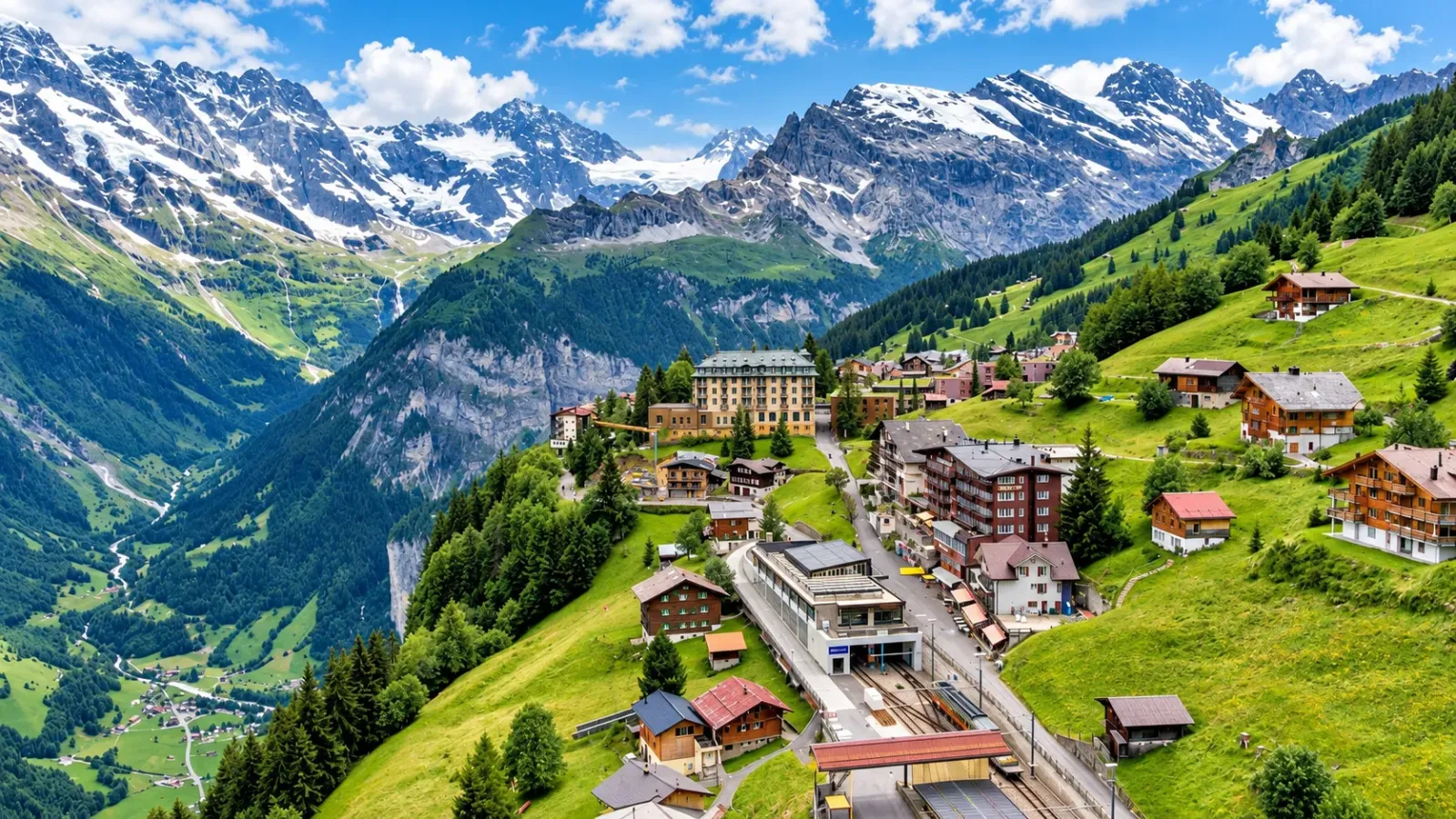 Làng Mürren với những ngôi nhà trên sườn núi và dãy Alps phủ tuyết phía xa