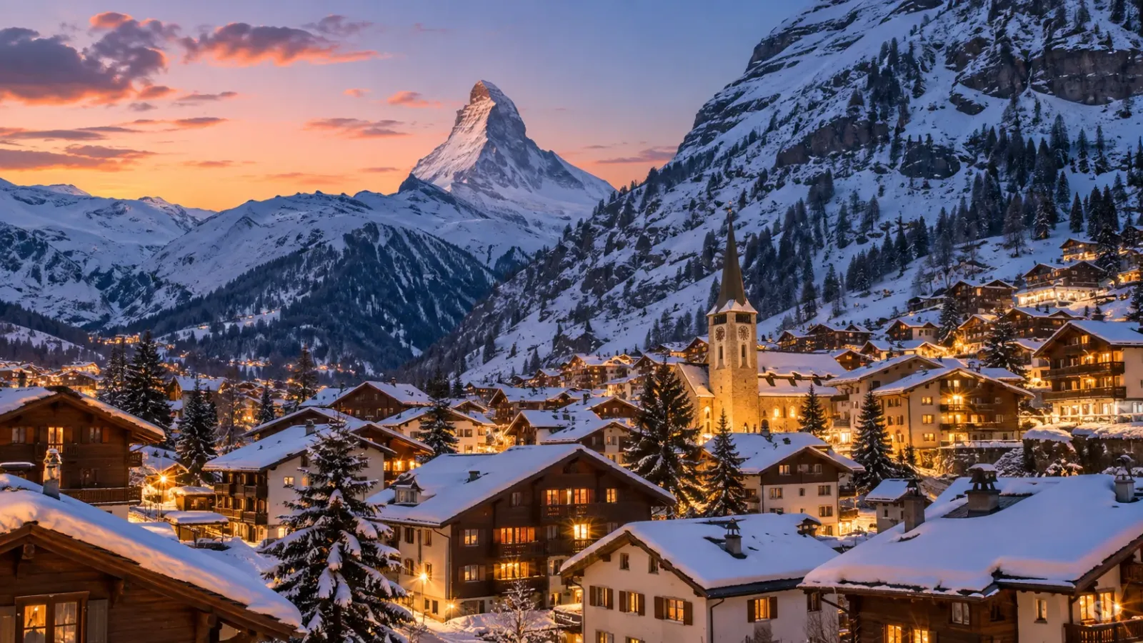 Làng Zermatt phủ tuyết lúc chiều tối với nhà thờ, những mái nhà sáng đèn và đỉnh Matterhorn phía xa.