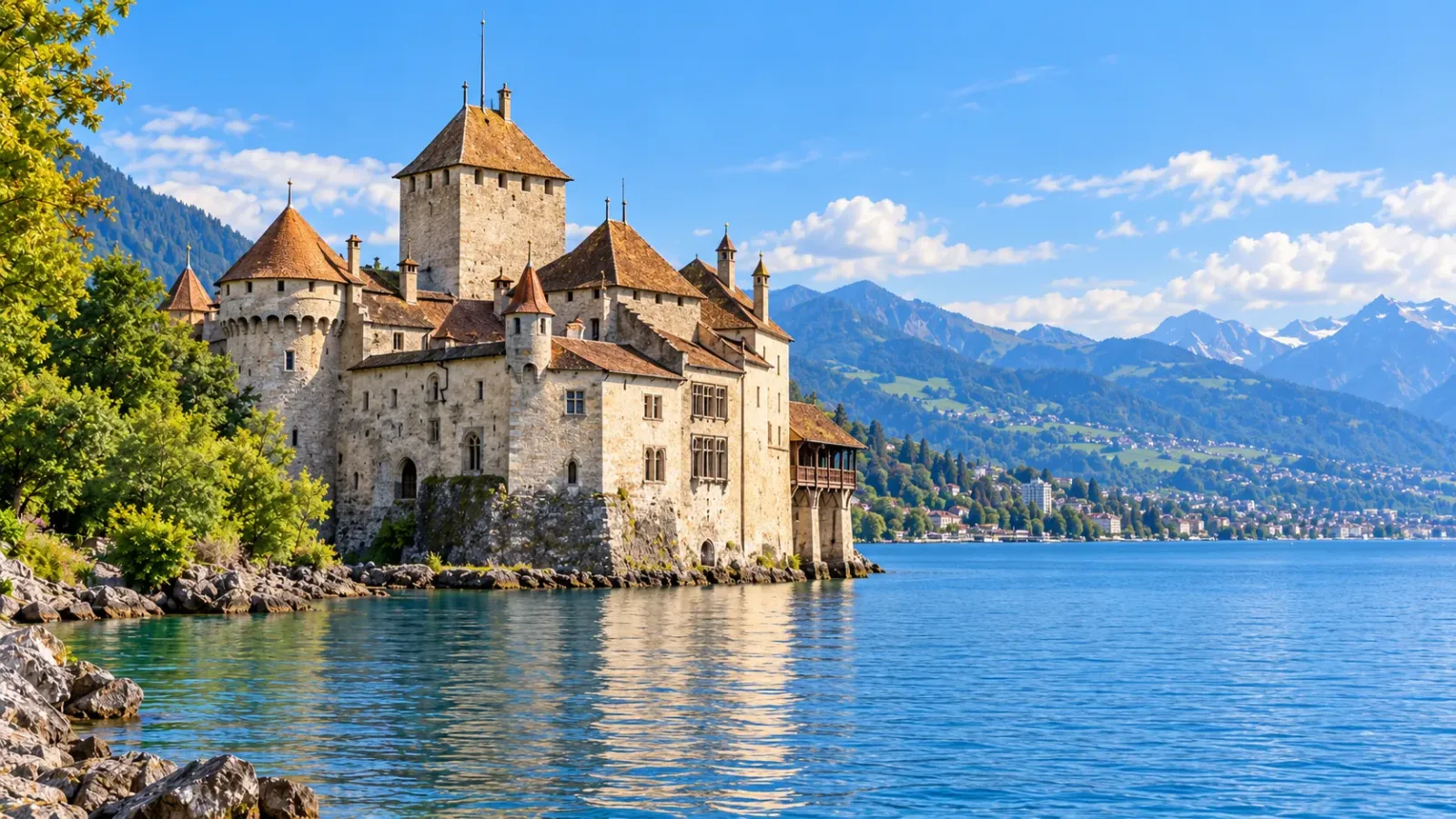 Lâu đài Chillon bằng đá nằm sát bờ hồ Léman tại Veytaux gần Montreux Thụy Sĩ