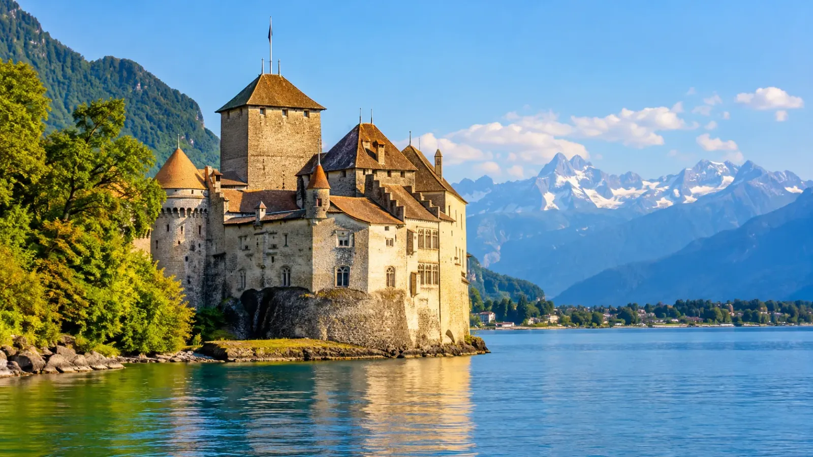 Lâu đài Chillon với các tháp đá, tường thành và mái ngói nằm sát mặt nước hồ Geneva tại Veytaux.