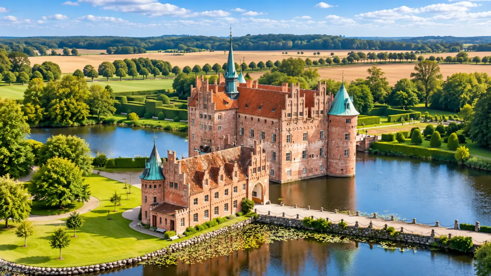 Lâu đài Egeskov với kiến trúc cổ, mặt hồ và cảnh quan khu vườn tại đảo Funen, Đan Mạch