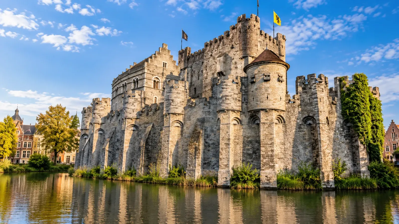 Lâu đài Gravensteen với tường thành đá và các tháp phòng thủ tại Ghent Bỉ.