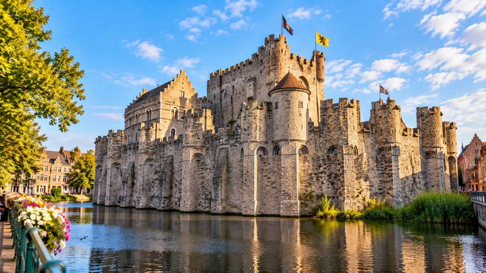 Lâu đài Gravensteen với tường thành và tháp đá trung cổ tại Ghent