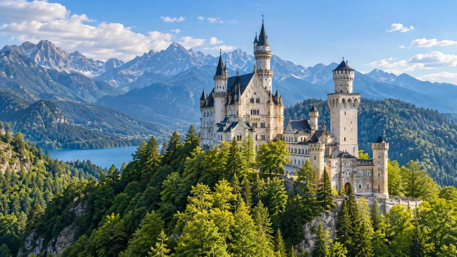 Lâu đài Neuschwanstein giữa cảnh quan núi rừng ở Bavaria, Đức
