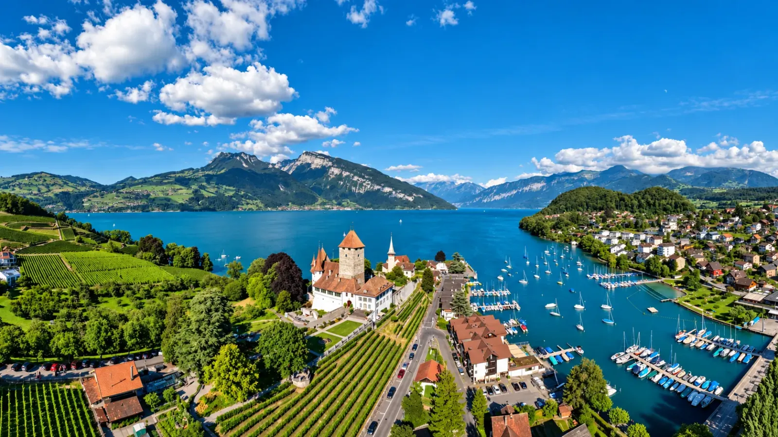 Lâu đài Spiez bên hồ Thun với vườn nho và dãy núi phía xa
