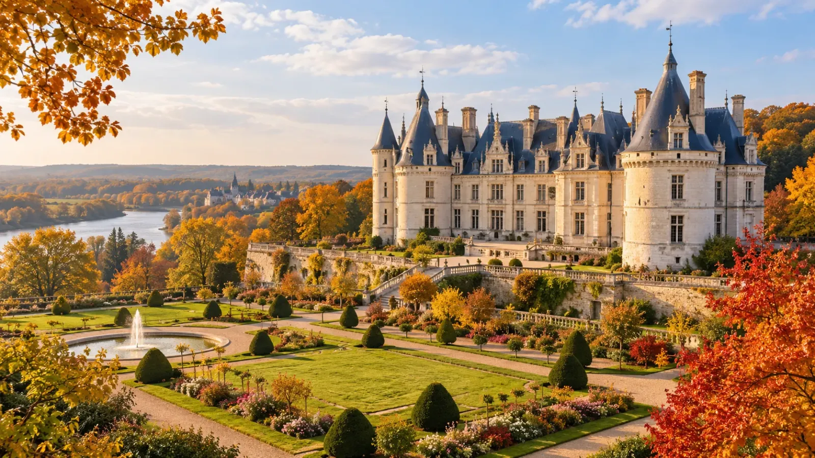 Lâu đài và khu vườn tại thung lũng Loire trong mùa thu