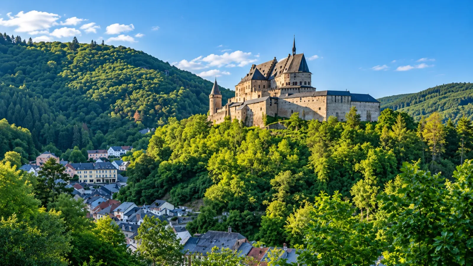 Lâu đài Vianden nằm trên ngọn đồi cao phía trên thị trấn Vianden và thung lũng sông Our