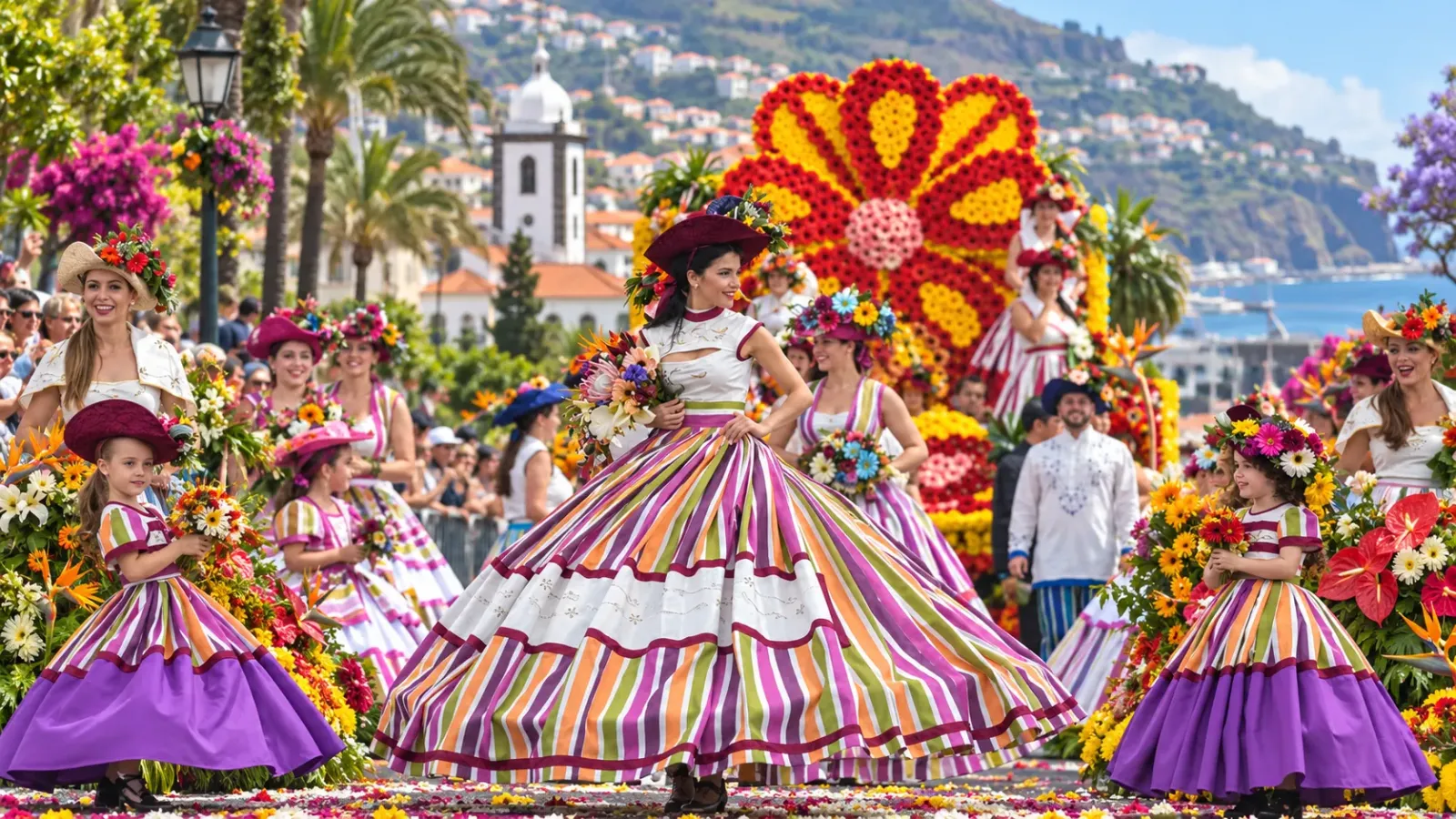 Hình minh họa không khí diễu hành hoa trong lễ hội mùa xuân tại Funchal Madeira