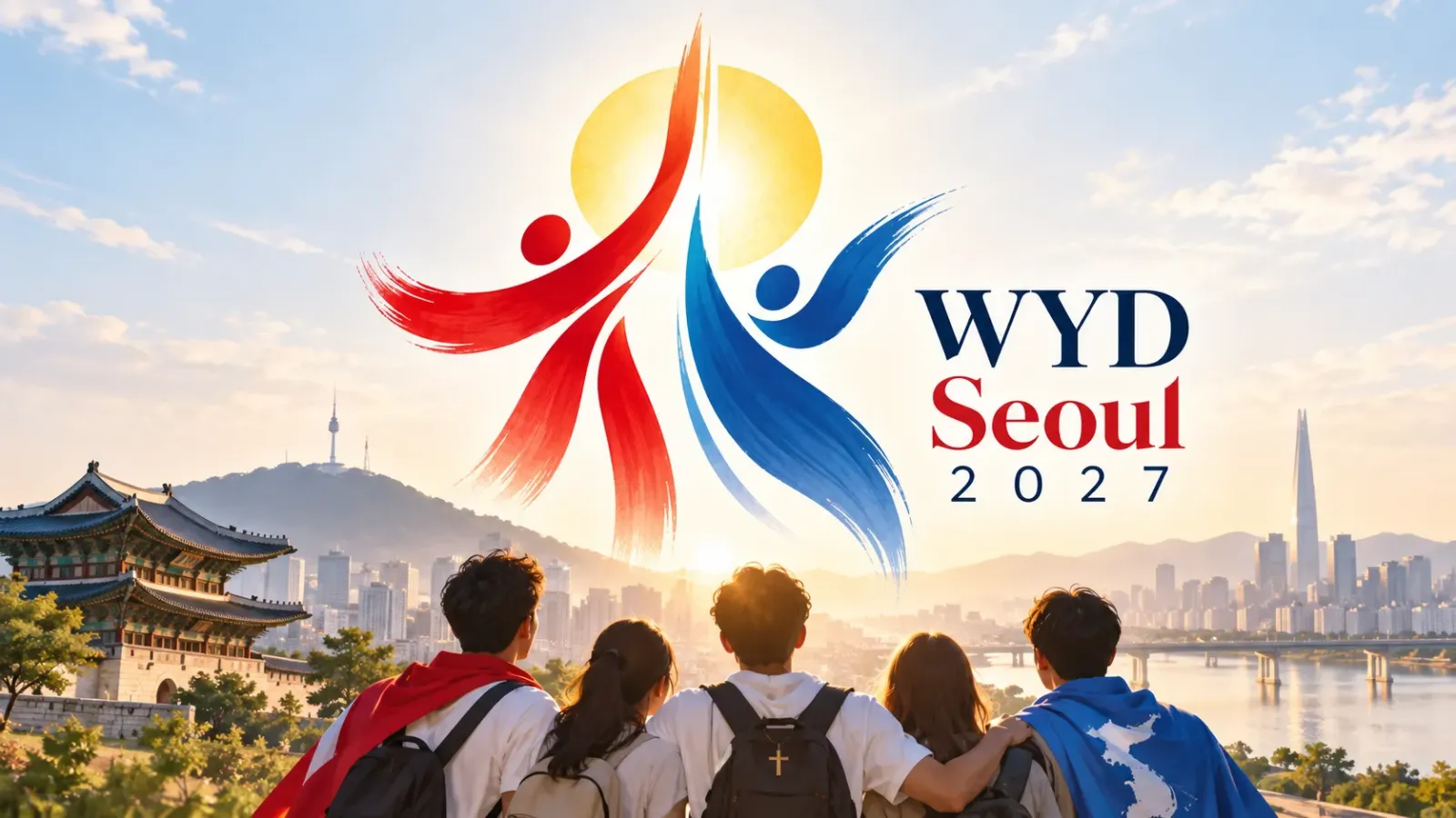 Logo chính thức của WYD Seoul 2027 với các nét màu đỏ, xanh và vòng tròn màu vàng