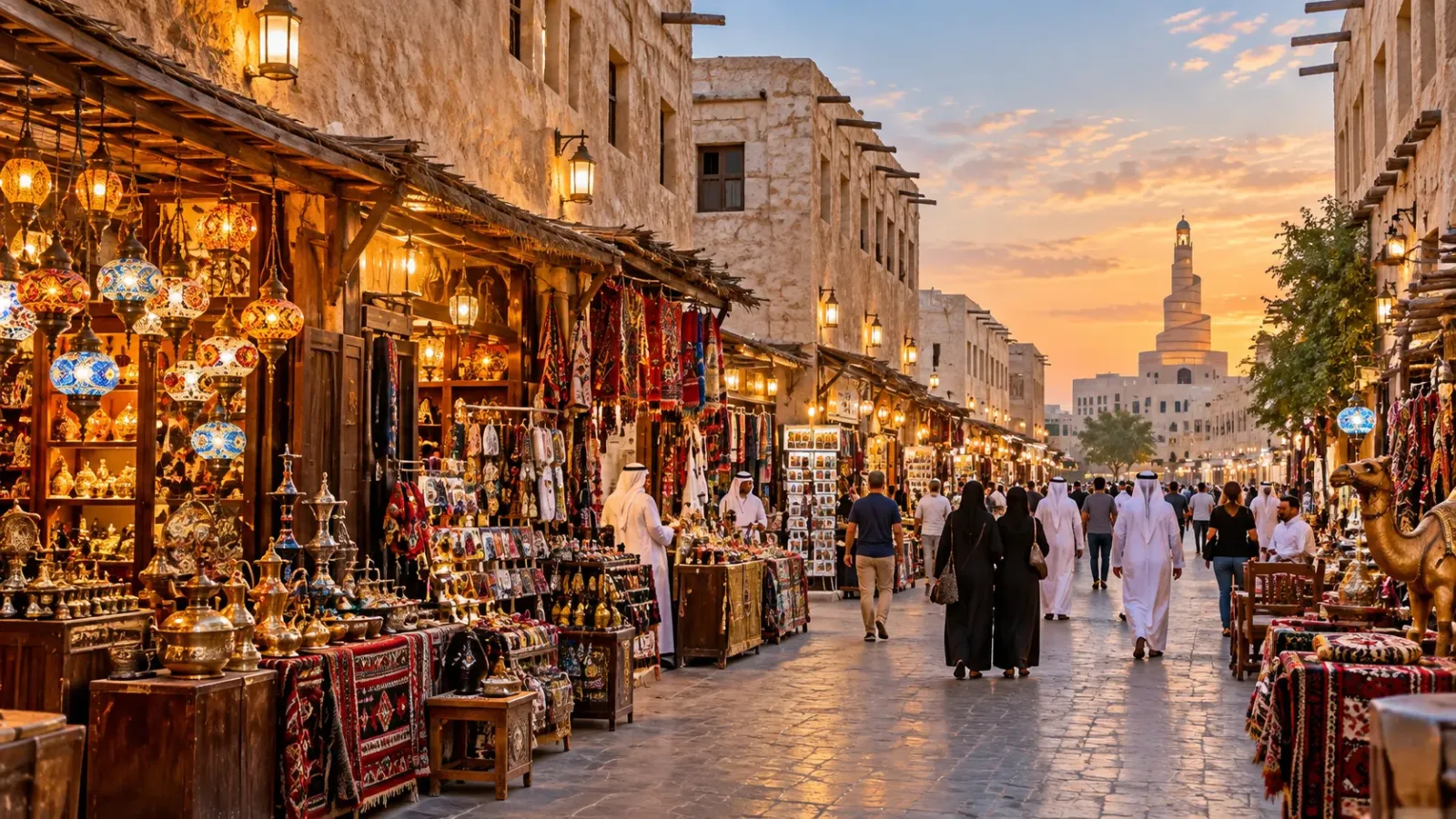 Lối đi giữa các gian hàng truyền thống tại chợ Souq Waqif ở Doha Qatar