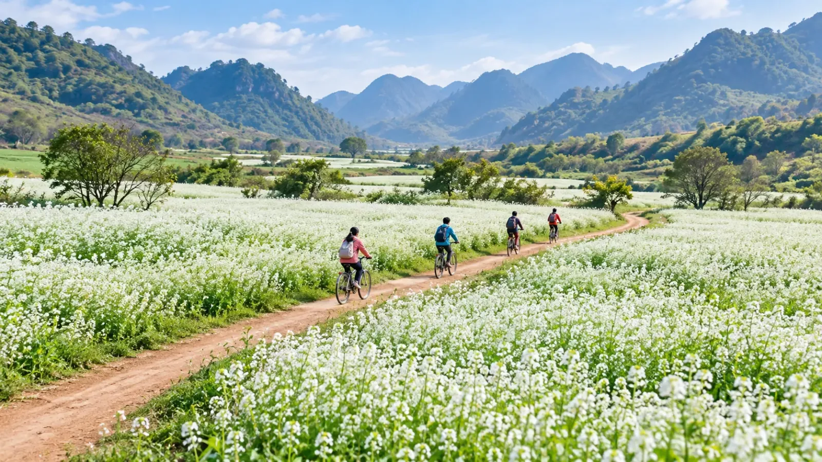 Lối đi nhỏ giữa hai bên đồng hoa cải trắng với người đi xe đạp