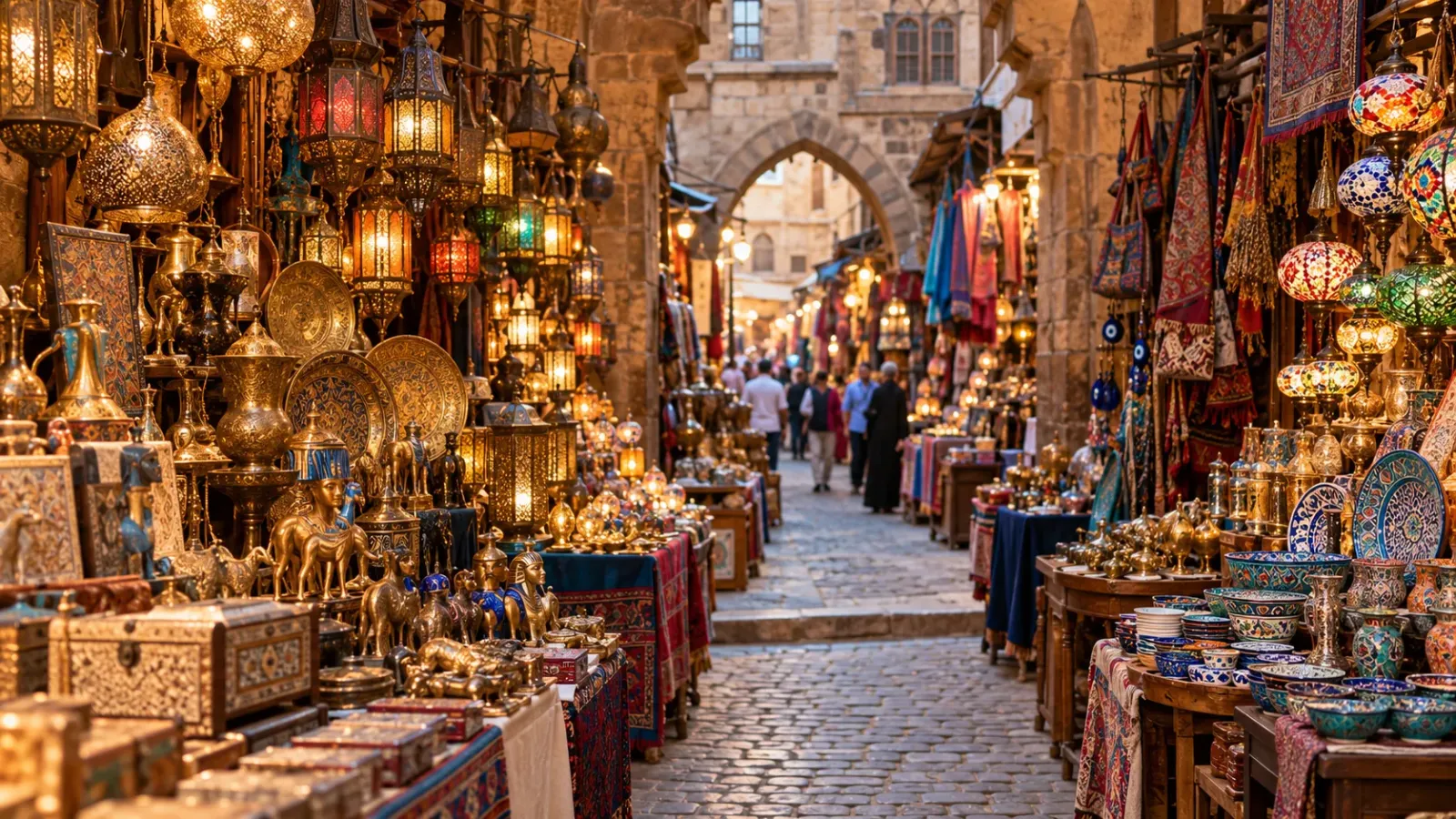 Lối đi và các quầy hàng thủ công, đèn trang trí và đồ lưu niệm tại chợ Khan el-Khalili ở Cairo, Ai Cập.