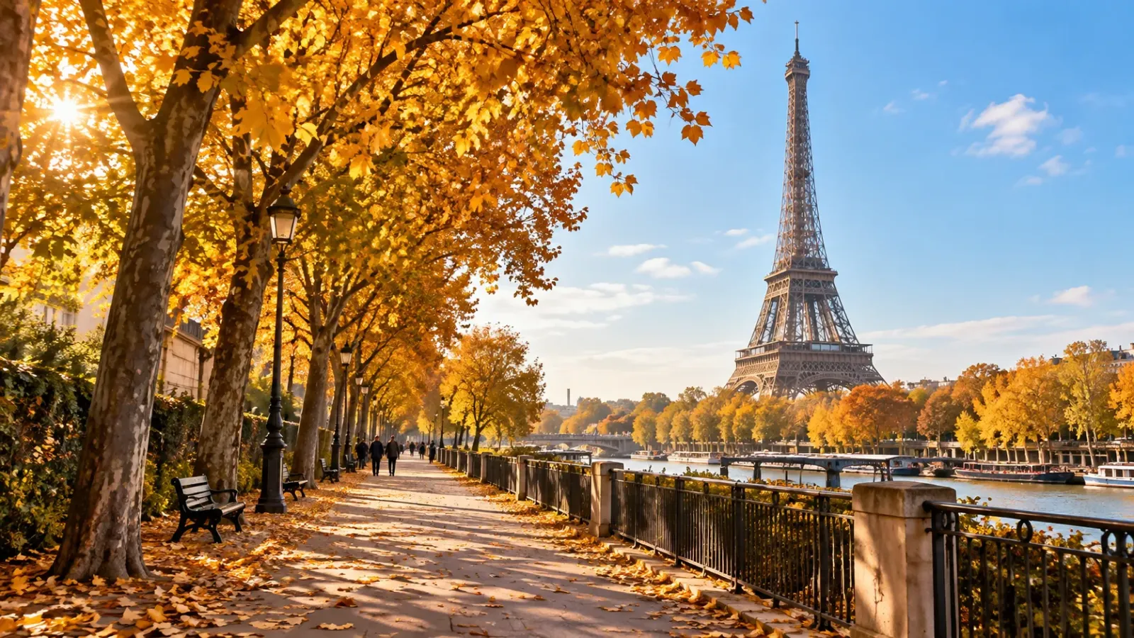 Lối đi với những hàng cây lá vàng vào mùa thu tại Paris, phía xa là tháp Eiffel.
