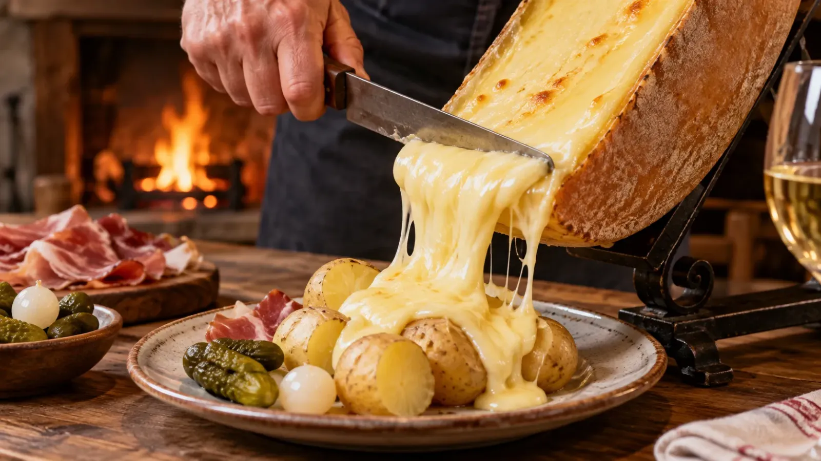 Lớp phô mai Raclette nóng chảy được cạo từ khối phô mai lên đĩa khoai tây luộc