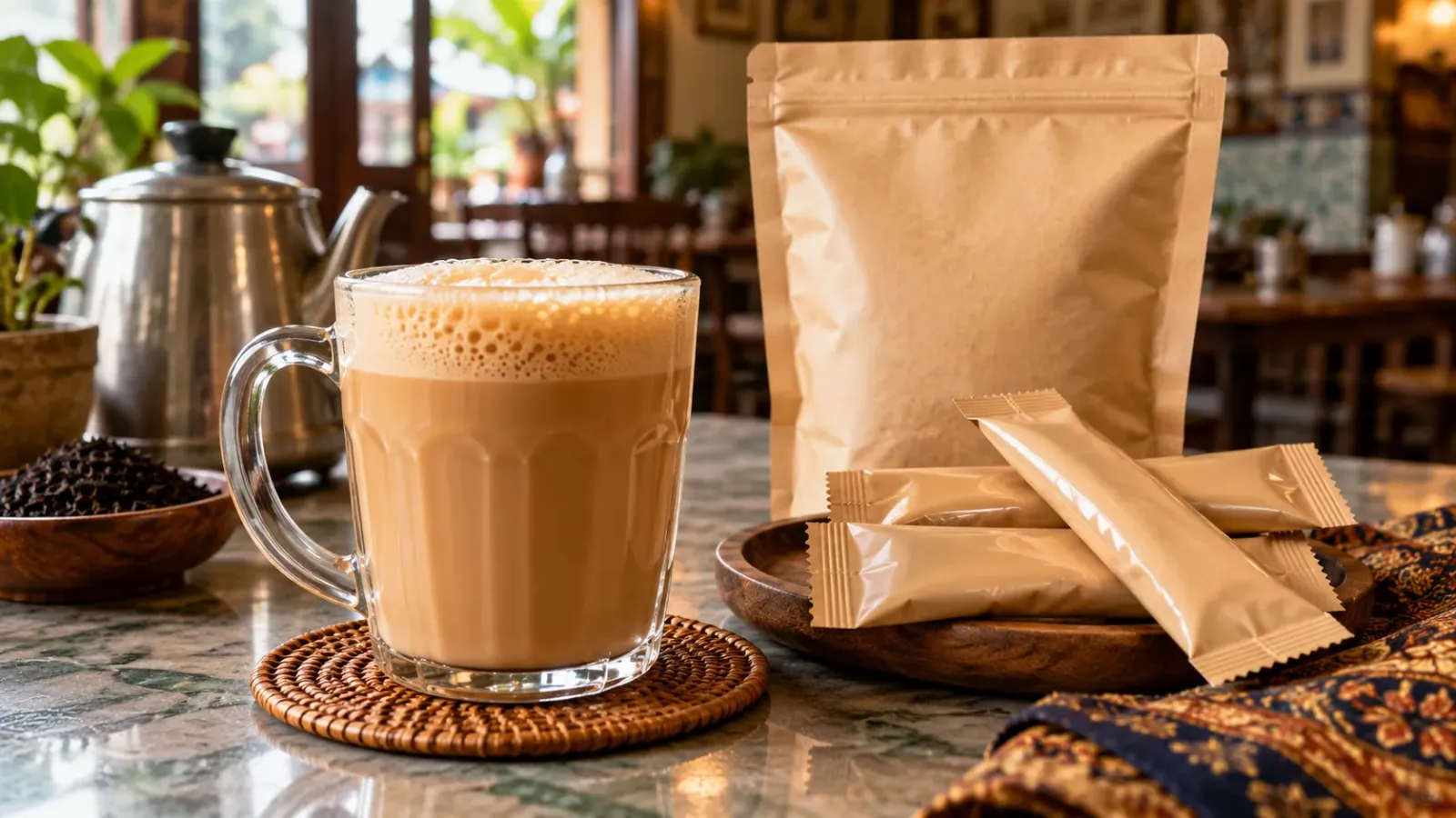 Ly trà sữa Teh Tarik Malaysia có lớp bọt mịn bên cạnh các gói trà hòa tan