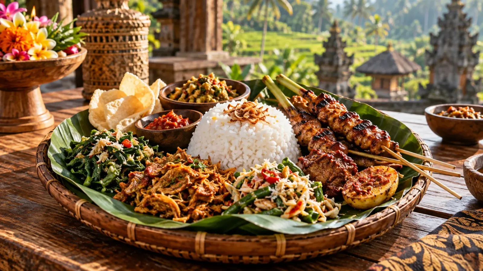 Mâm ẩm thực Bali truyền thống với cơm, thịt nướng, rau trộn và các món ăn kèm địa phương