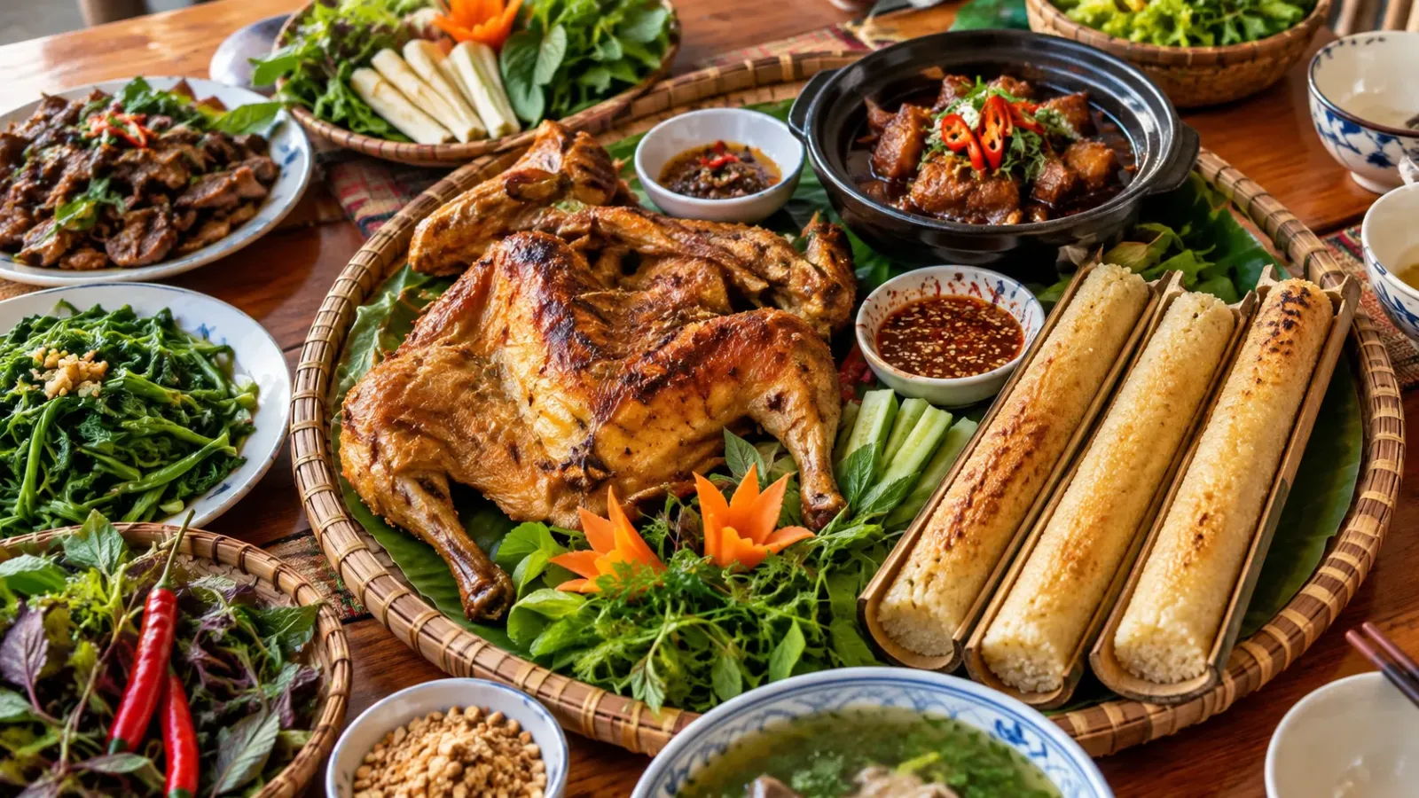 Mâm cơm với cơm lam gà bản và các món đặc sản Mai Châu