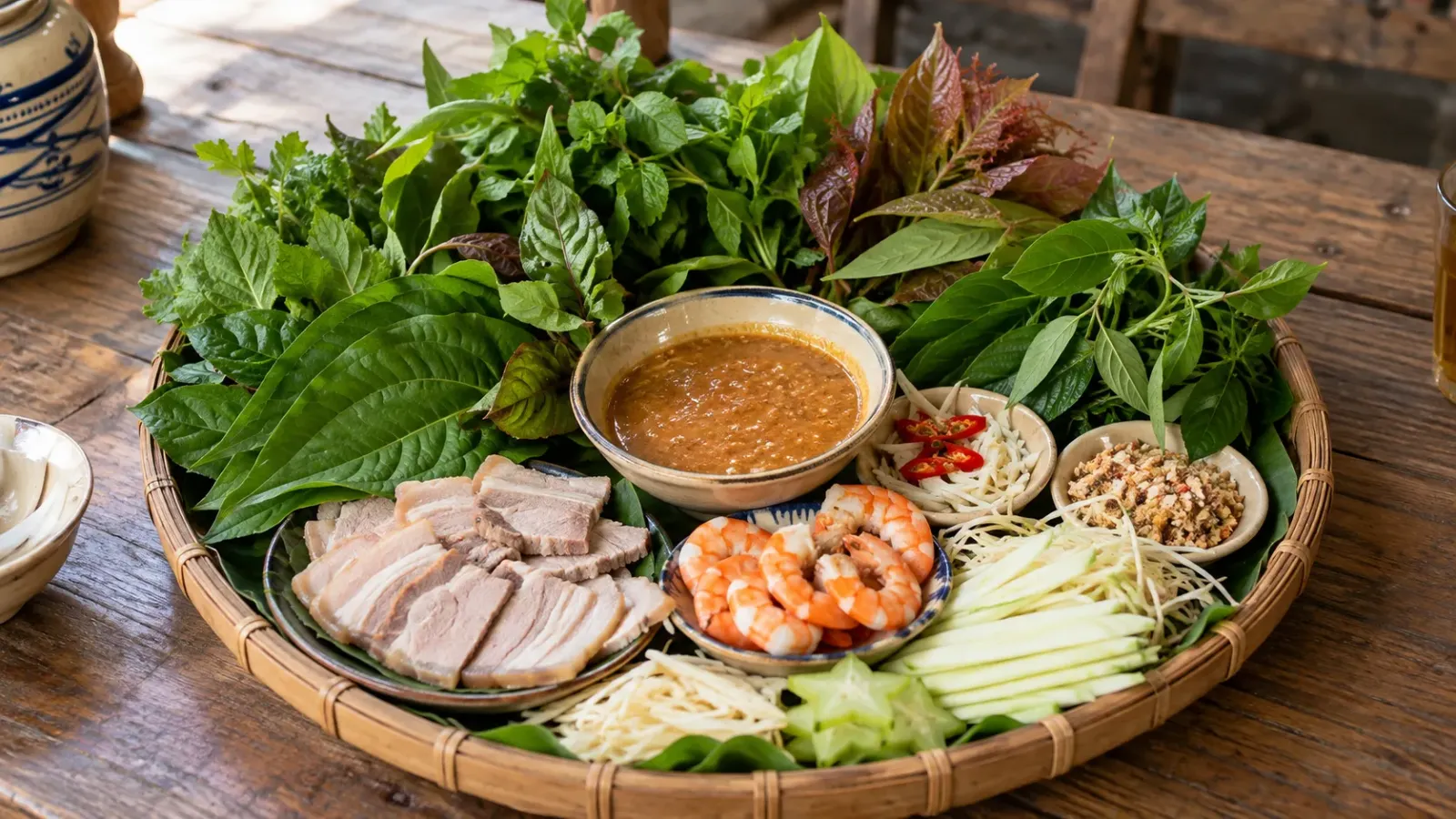 Mâm gỏi lá Kon Tum với nhiều loại lá xanh, thịt, tôm và chén nước chấm