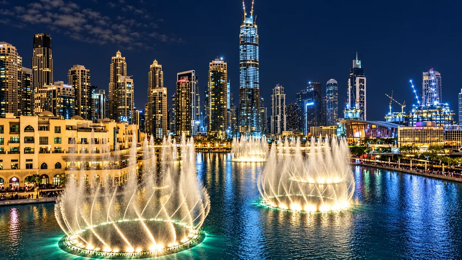 Màn trình diễn đài phun nước Dubai Fountain với ánh sáng buổi tối bên hồ Burj Lake