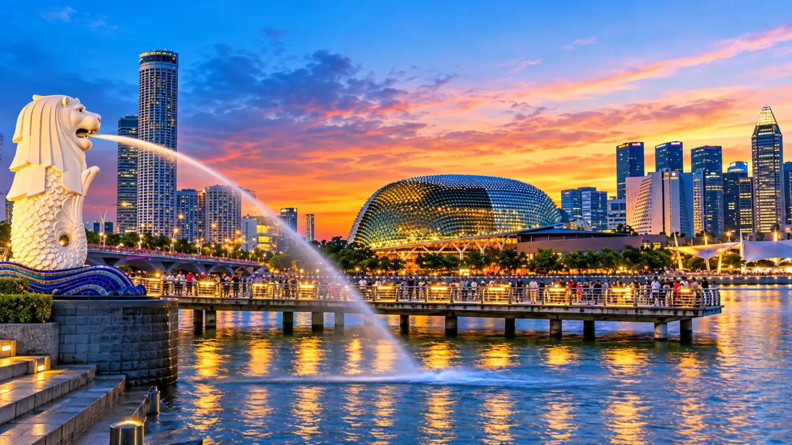 Marina Bay và Merlion Park về đêm trong lịch trình Singapore 5 ngày 4 đêm