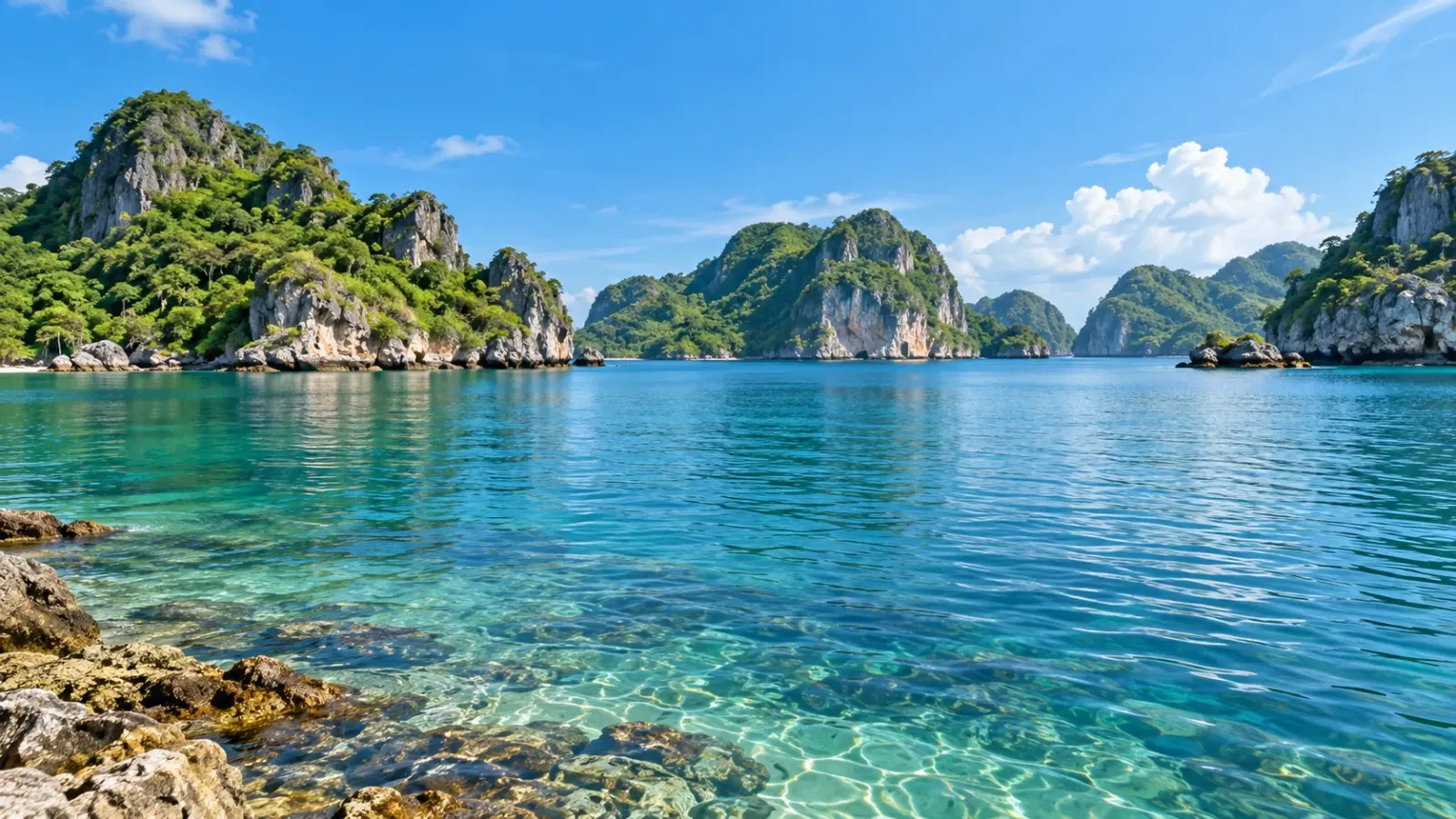 Mặt biển yên ả với những khối núi đá phủ cây xanh dưới bầu trời trong