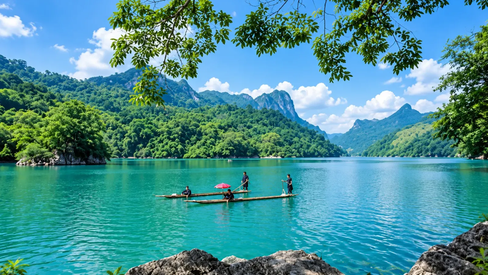 Mặt hồ Ba Bể được bao quanh bởi núi rừng và những dãy núi đá vôi
