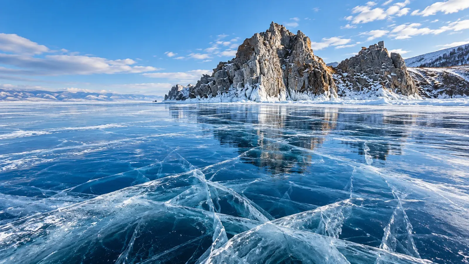 Mặt hồ Baikal đóng băng vào mùa đông với những lớp băng trong và cảnh núi ở vùng Siberia Nga