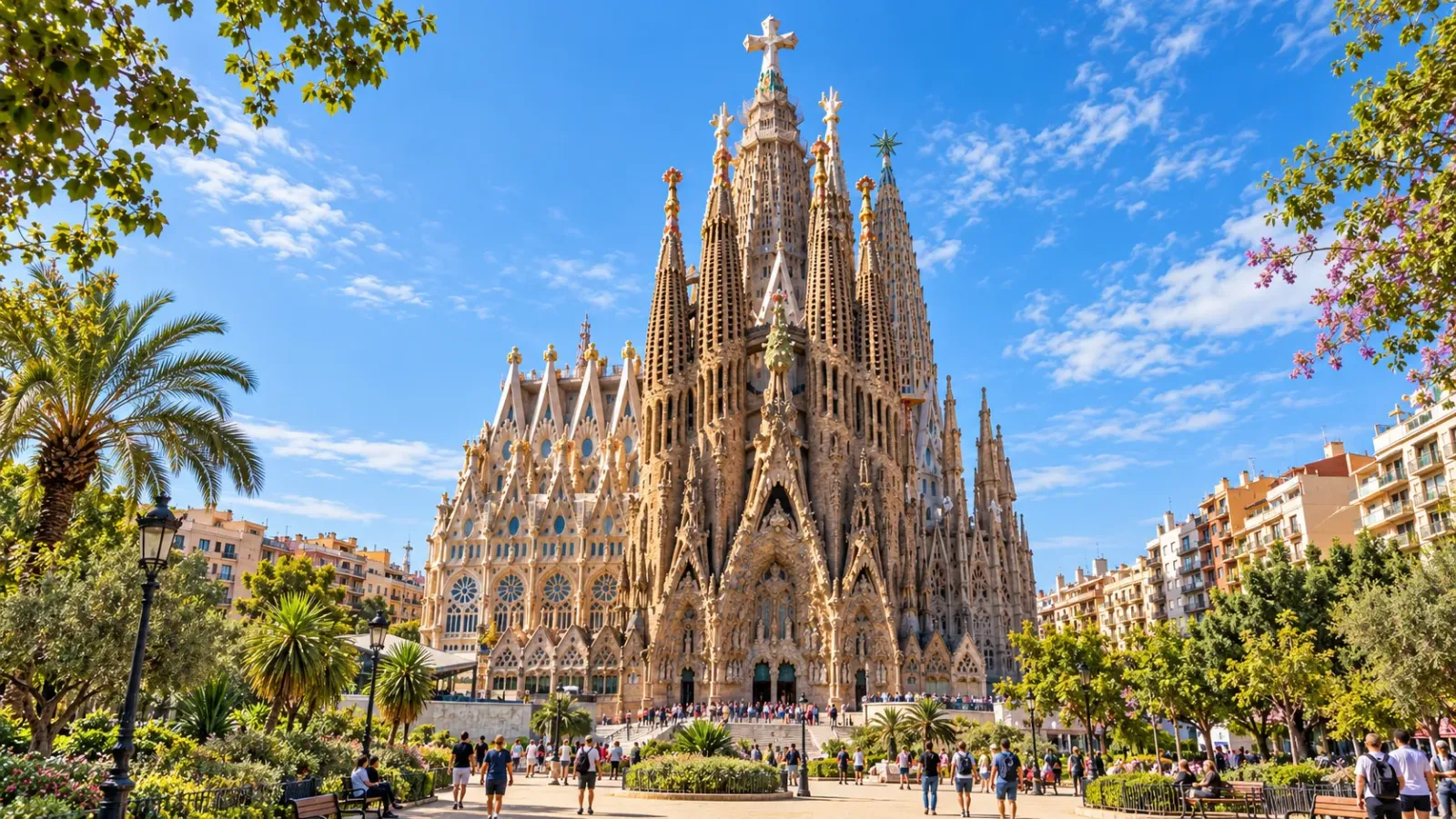 Mặt ngoài vương cung thánh đường Sagrada Familia với các tháp kiến trúc đặc trưng tại Bacelona Tây Ban Nha