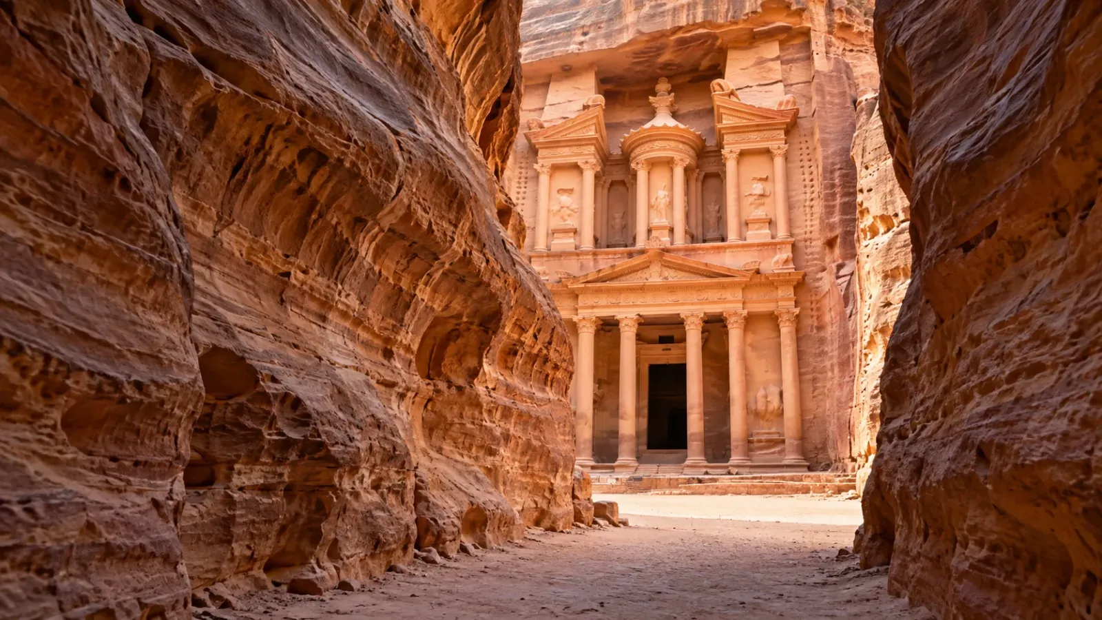 Mặt tiền công trình Al-Khazneh tại thành phố cổ Petra hiện ra ở cuối hẻm núi Siq giữa các vách đá sa thạch