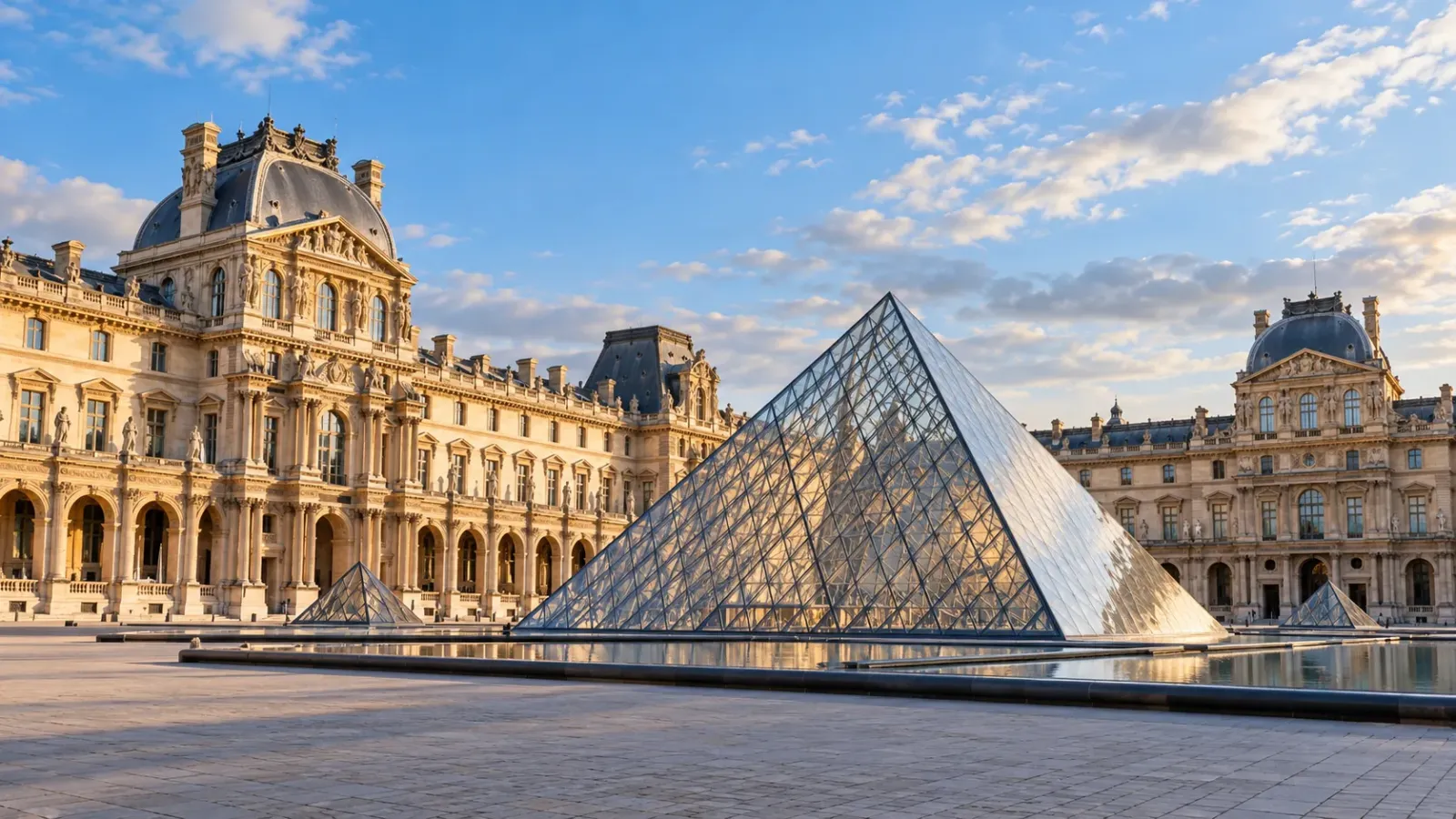 Mặt tiền cung điện Louvre và kim tự tháp kính tại sân Napoléon ở Paris.
