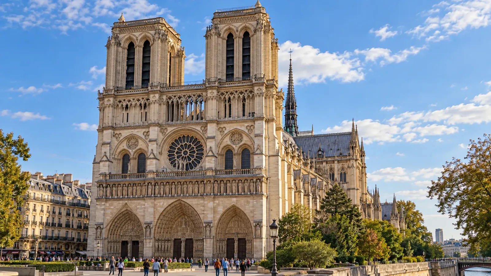 Mặt tiền Nhà thờ Đức Bà Paris trên đảo Île de la Cité với hai tháp chuông và kiến trúc Gothic đặc trưng
