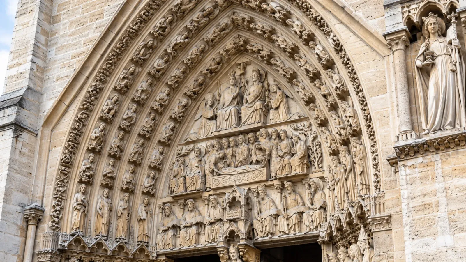 Mặt tiền phía tây Nhà thờ Đức Bà Paris với ba cổng điêu khắc, dãy tượng các vị vua và hai tháp chuông