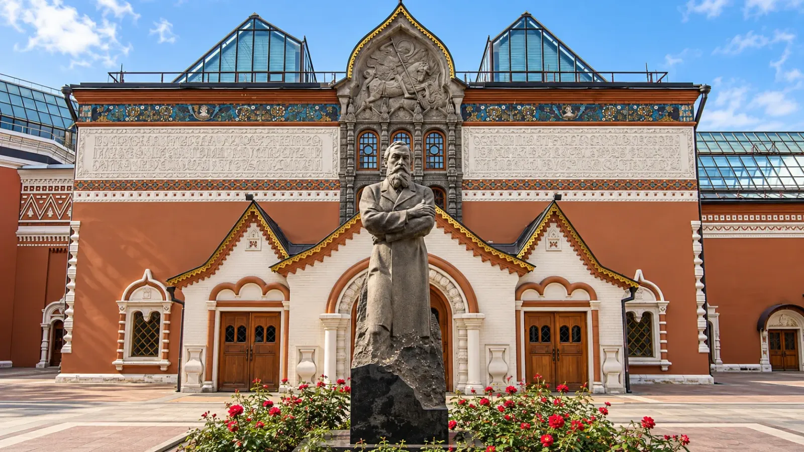 Mặt tiền trang trí đặc trưng của Tretyakov Gallery tại Lavrushinsky Lane với tượng Pavel Tretyakov ở phía trước