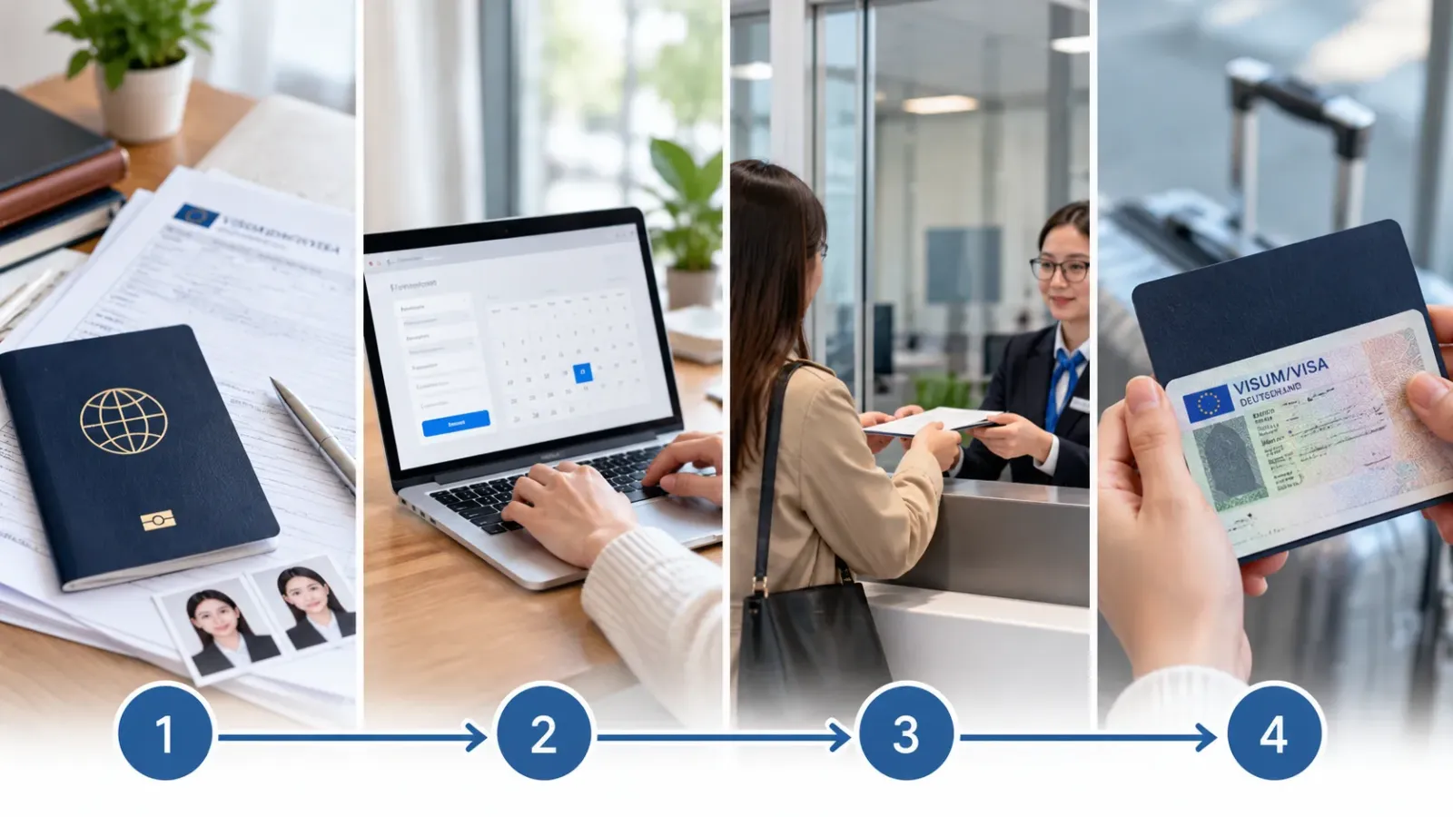 Minh họa bốn giai đoạn xin visa du lịch Đức gồm chuẩn bị hồ sơ đặt lịch VFS nộp hồ sơ và nhận kết quả.