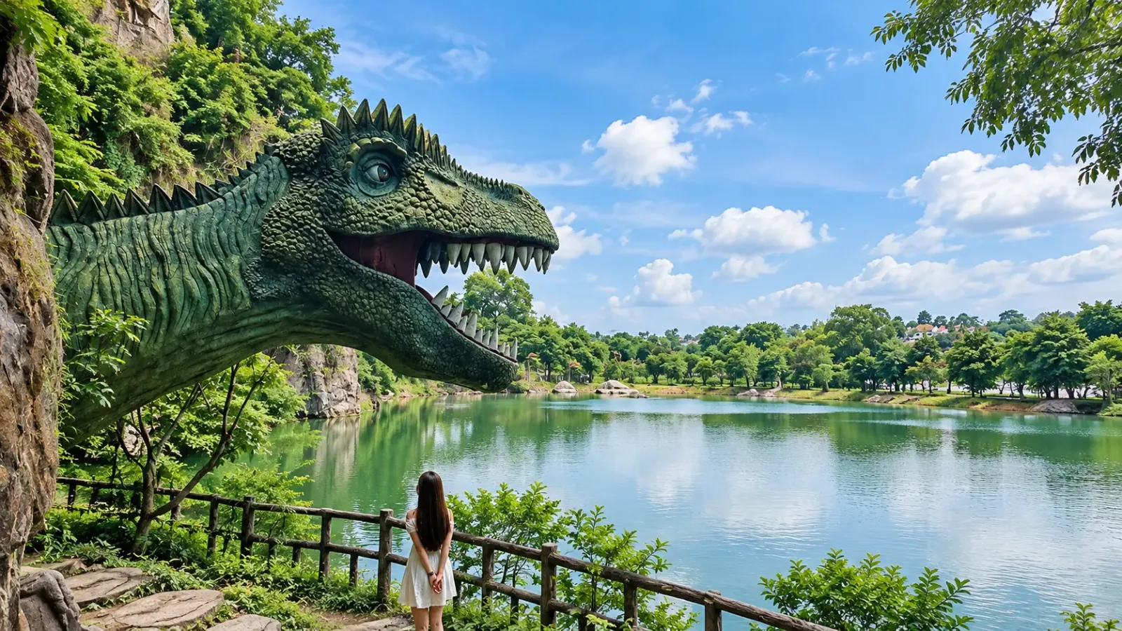Mô hình đầu khủng long màu xanh cạnh hồ nước và hàng cây tại Khu du lịch Bửu Long Đồng Nai