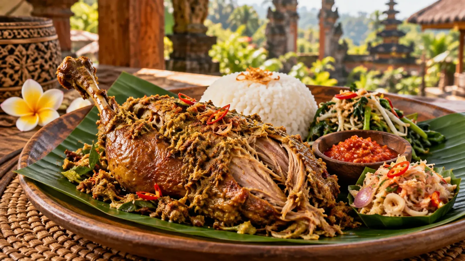Món Bebek Betutu Bali với thịt vịt tẩm gia vị truyền thống và cơm ăn kèm