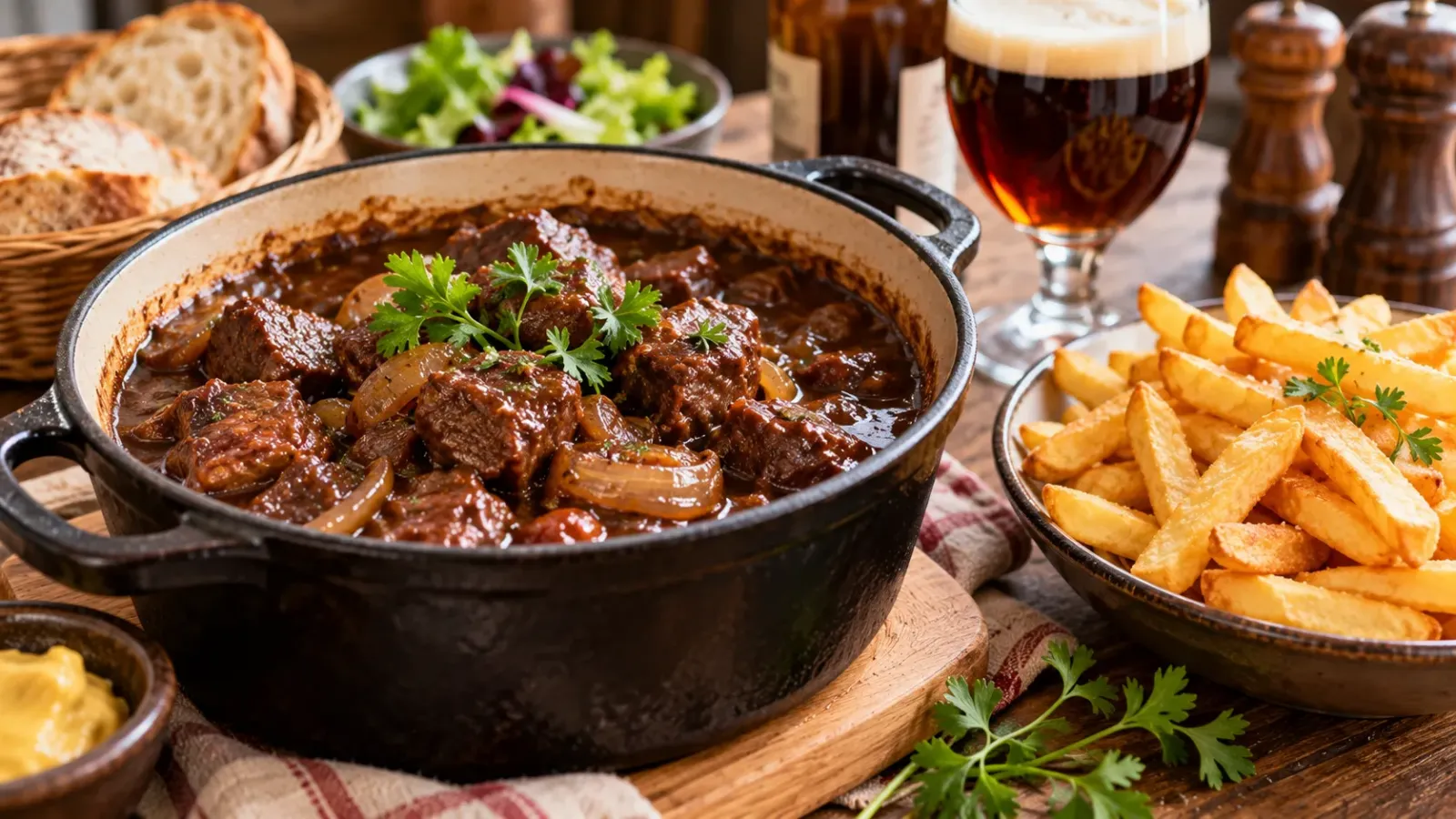 Món bò hầm bia carbonnade flamande ăn kèm khoai tây chiên trong ẩm thực Bỉ.